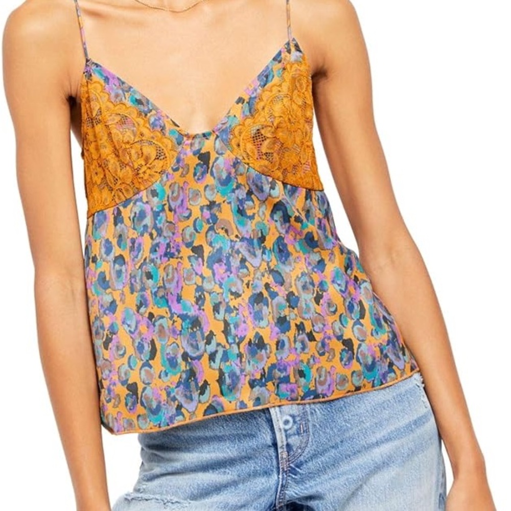 Free People Yellow and Blue Graphic Lace Detail Silky Camisole Top XS